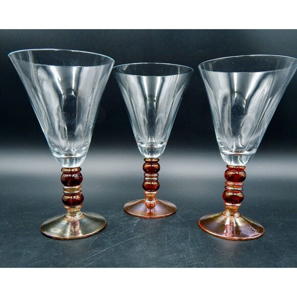 Handblown Wine Water Glasses Goblets Red Amber Beaded Stems 8 Inch - Picture 2 of 6